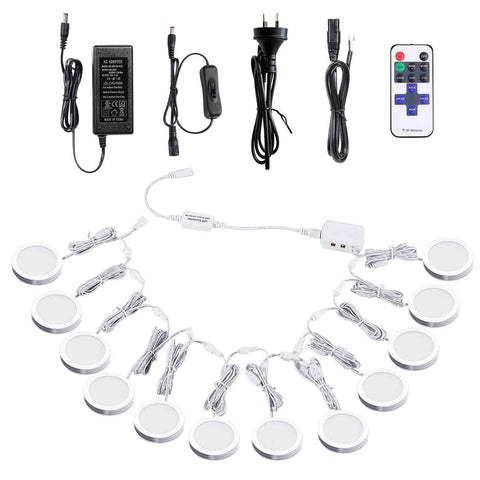 Linkable Under Cabinet LED Lighting 12V Dimmable Puck Lights with Wireless RF Remote Control, Hardwired & AU Wall Plug in for Kitchen Mood Lighting (4000K Natural White, 12 Lights Kit)