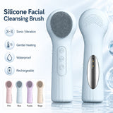 Silicone Facial Cleansing Brush Sonic Vibration Heating Waterproof Rechargeable-BLUE