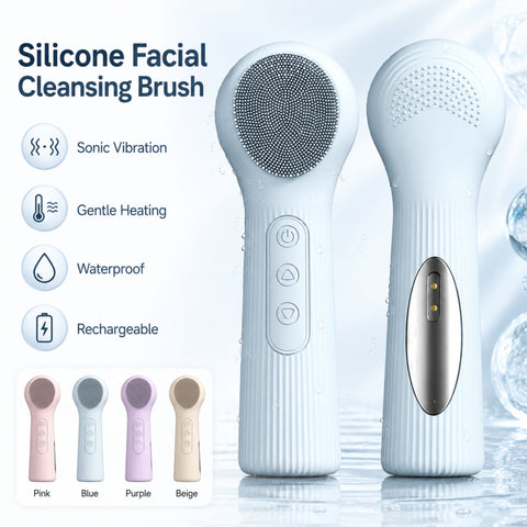 Silicone Facial Cleansing Brush Sonic Vibration Heating Waterproof Rechargeable-PINK In Australia - Darrahopens