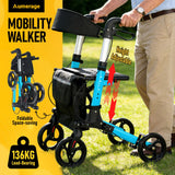 Foldable Aluminium Rollator Walker With Seat & Storage Bag, Adjustable Handles, 8" Wheels, Lightweight Walking Frame(66x60x93cm)