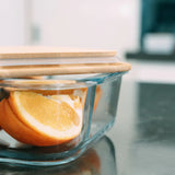 2 Pcs Bamboo?Cover Food Containers – Medium  & Large, Clear Glass, Plastic?Free
