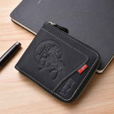 Men's Leather Wallet with Zipper and Horse Embossed Design, Multi-Card Bifold Wallet, Black