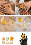 6-Piece Gold Stackable Ring Set with White Enamel Flower and Baroque Pearl, Adjustable Women's Jewelry