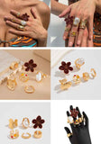 6-Piece Gold Stackable Ring Set with White Enamel Flower and Baroque Pearl, Adjustable Women's Jewelry