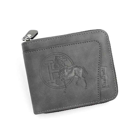 Men's PU Leather Wallet with Zipper and Horse Embossed Design, Multi-Card Bifold Wallet, Grey
