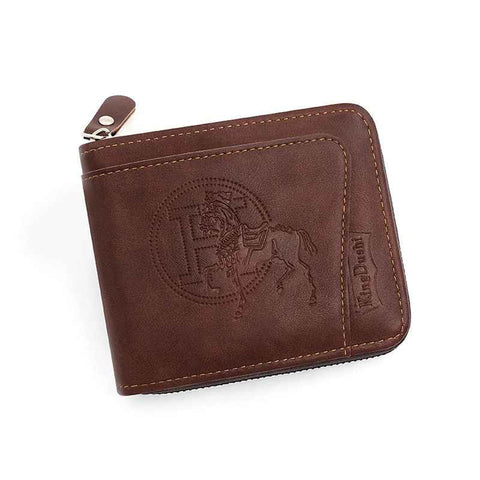 Men's Leather Wallet with Zipper and Horse Embossed Design, Multi-Card Bifold Wallet, Dark Brown