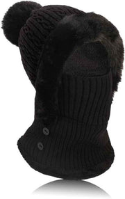 Beanie and Neck Warmer Set Knitted Winter Hat with Pom Pom Black, One Size In Australia - Darrahopens