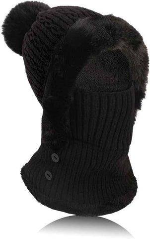 Beanie and Neck Warmer Set Knitted Winter Hat with Pom Pom Black, One Size In Australia - Darrahopens