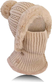 Beanie and Neck Warmer Set Knitted Winter Hat with Pom Pom Light Khaki, One Size In Australia - Darrahopens