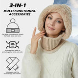 Beanie and Neck Warmer Set Knitted Winter Hat with Pom Pom Light Khaki, One Size In Australia - Darrahopens