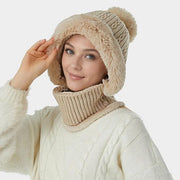 Beanie and Neck Warmer Set Knitted Winter Hat with Pom Pom Light Khaki, One Size