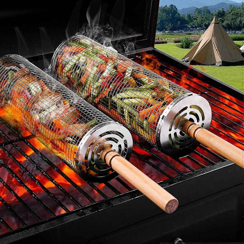 2-Piece Rolling Grill Baskets Stainless Steel for Vegetables Fish and Outdoor Grilling In Australia - Darrahopens