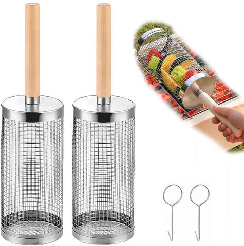 2-Pack Rolling Grill Baskets 304 Stainless Steel with Removable Wooden Handle for Vegetables and Shrimp, 35 x 9.5 cm In Australia - Darrahopens