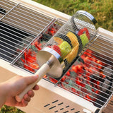 2-Pack Rolling Grill Baskets 304 Stainless Steel with Removable Wooden Handle for Vegetables and Shrimp, 35 x 9.5 cm