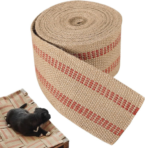 Jute Webbing Tape Roll, Natural Burlap Upholstery Strap for Chair Repair, Red Stitch 3.5 In x 5M In Australia - Darrahopens