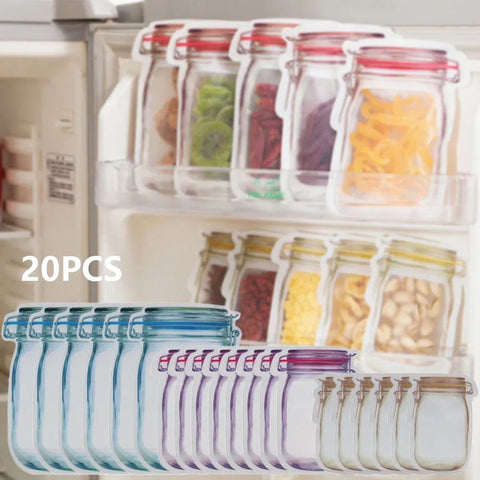 20 Pack Reusable Mason Jar Food Storage Bags, Zipper Seal Snack Bags for Kitchen Travel, 3 Sizes In Australia - Darrahopens