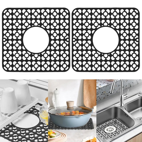 2 Pack Silicone Sink Protector Mats, Anti Slip Heat Resistant Grid Pads, Black 12.2 x 11.5 In In Australia - Darrahopens