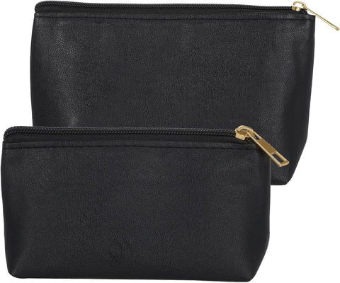 2 Pack Makeup Bag Set, PU Cosmetic Pouches with Zipper Large Opening for Travel, Black