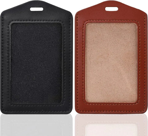 2 Pack Vertical ID Badge Holders, Genuine Leather Clear Window Badge Sleeves, Brown Black In Australia - Darrahopens