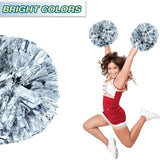 6 Pcs Metallic Cheerleading Pom Poms with Baton Handles for Sports Team Parties, Silver