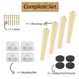 4 Pack Solid Oak Furniture Legs, Oblique Replacement Feet with Plates Screws, Natural 6 Inch