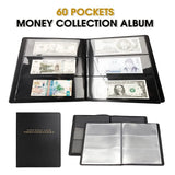 60 Pocket Paper Money Collection Album, PU Leather Banknote Stamp Ticket Binder, Black