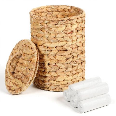Wicker Trash Can with Lid, Handwoven Water Hyacinth Waste Basket with 100 Bags, Natural 1.3 Gal In Australia - Darrahopens