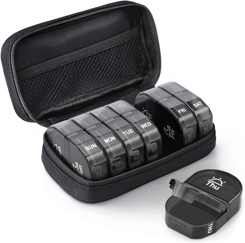 7 Day AM PM Pill Organizer, Large Travel Weekly Pill Case with Zipper Bag for Vitamins, Black In Australia - Darrahopens