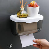 Wall Mounted Enclosed Toilet Paper Holder, Waterproof Roll Protector with Phone Shelf, Black