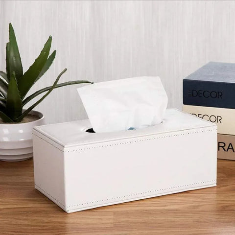 Leather Tissue Box Holder, Rectangular Cover with Lid for Home Office Car Tabletop, White 1
