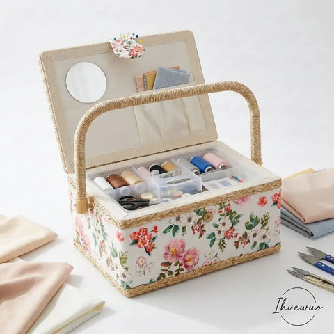 Sewing Basket with Removable Tray, Pin Cushion and Floral Fabric Organizer for Craft Supplies In Australia - Darrahopens
