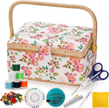 Sewing Basket with Removable Tray, Pin Cushion and Floral Fabric Organizer for Craft Supplies