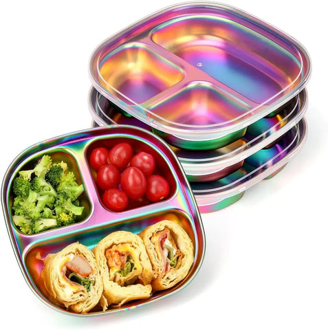 4 Pcs Stainless Steel Kids Plates, 304 Divided Toddler Plates with Lids, Rainbow Color In Australia - Darrahopens