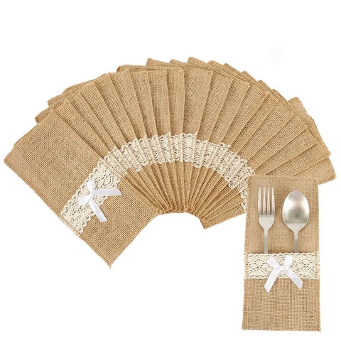 20 Pack Burlap Cutlery Holders, Jute Utensil Pouches with White Lace for Wedding Table In Australia - Darrahopens