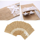 20 Pack Burlap Cutlery Holders, Jute Utensil Pouches with White Lace for Wedding Table