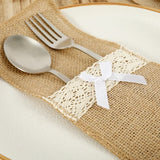 20 Pack Burlap Cutlery Holders, Jute Utensil Pouches with White Lace for Wedding Table