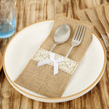 20 Pack Burlap Cutlery Holders, Jute Utensil Pouches with White Lace for Wedding Table