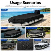 Trailerable 600D Oxford Pontoon Boat Cover with Integrated Attached Motor Hood, One‑Piece All‑In‑One Waterproof UV‑Resistant Boat Protector(22-24FT(872*460cm)) In Australia - Darrahopens