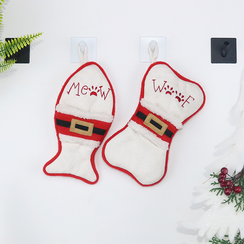 Christmas Stocking Ornaments, Fish & Bone Shaped Xmas Gift Sacks, Meow Woof Embroidery Mini Christmas Stockings, White/Burlap 2 Sets Available（White） In Australia - Darrahopens