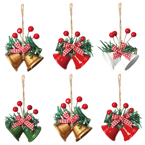 Christmas Bell Ornaments, 6Pcs Xmas Double Bells Hanging Decorations with Red Berries, Plaid Bow & Pine Needles, Holiday Home Party Wreath Decor In Australia - Darrahopens