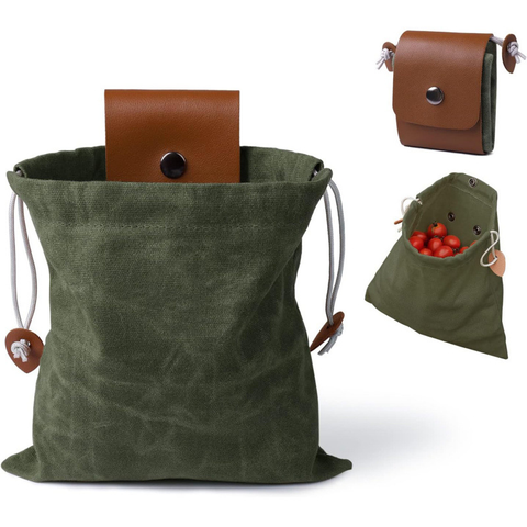 Collection bag - outdoor fruit picking bag - waxed canvas collection bag - foldable leather waist bag with drawstring - multifunctional picking bag for camping, shells, treasures, travel, hiking - brown