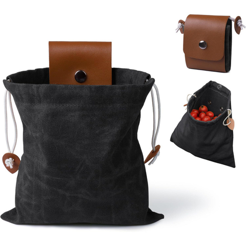 Collection bag - outdoor fruit picking bag - waxed canvas collection bag - foldable leather waist bag with drawstring - multifunctional picking bag for camping, shells, treasures, travel, hiking - Black In Australia - Darrahopens