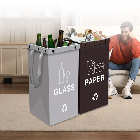 Foldable Waterproof Waste Sorting Bags, Reusable Laminated Recycling Storage Tote with Handle, 40L Large Capacity Garbage Organizer(Brown + grass green) In Australia - Darrahopens