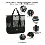Dual Compartment Dry Wet Separation Beach Cooler Bag, Large Capacity Mesh Tote Bag, Oxford Insulated Lunch Bag for Picnic Swimming Camping Outdoor Travel(black)