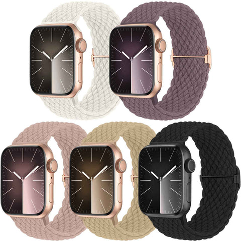 Woven Solo Loop Band Compatible with Apple Watch 38mm, 40mm, 41mm, 5-Pack Adjustable Nylon Elastic Sport Band for Men and Women