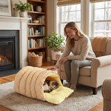 Cat House - Cat Basket - Plush and Warm - Removable and Washable - Closed Cat Bed for Winter - Suitable for Indoor and Outdoor Use in Winter, Camping, Travel, Bedroom, Living Room - Orange and White Checkered Pattern