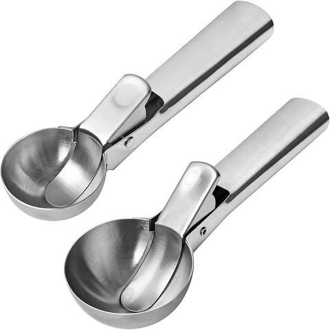 2 Pack Stainless Steel Trigger Ice Cream Scoops, Heavy Duty Portion Spoons for Gelato, Sorbet, Fruit and Desserts, Silver, 19.1 x 5.3 cm