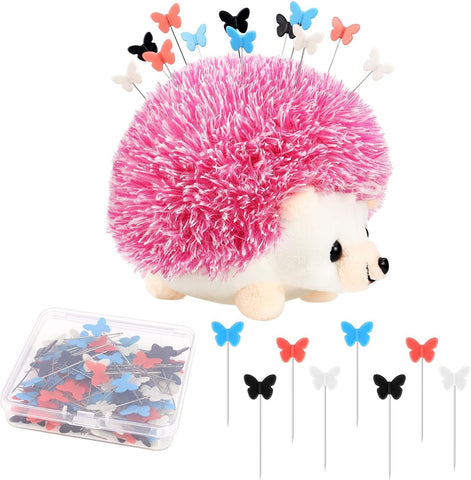 Hedgehog Pin Cushion Sewing Kit with 100 Colourful Butterfly Pins, Dressmaker Pincushion for Sewing, Quilting and Craft Projects, Pink