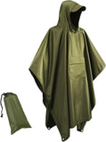 Waterproof Hooded Rain Poncho with Front Pocket, Lightweight Adult Raincoat for Hiking, Camping, Festivals and Outdoor Travel, Green