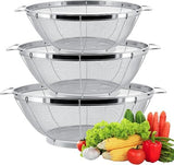 3 Piece Stainless Steel Colander Set with Handles, Nesting Strainer Bowls for Pasta, Rice, Fruit and Vegetables, 22 cm, 25 cm and 28 cm